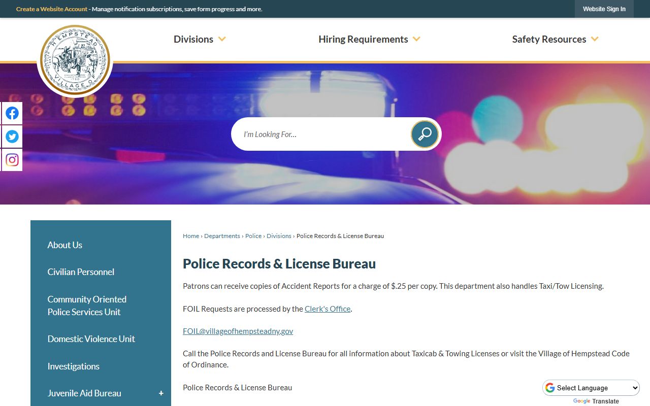 Hempstead Police Records Bureau page for felony records requests