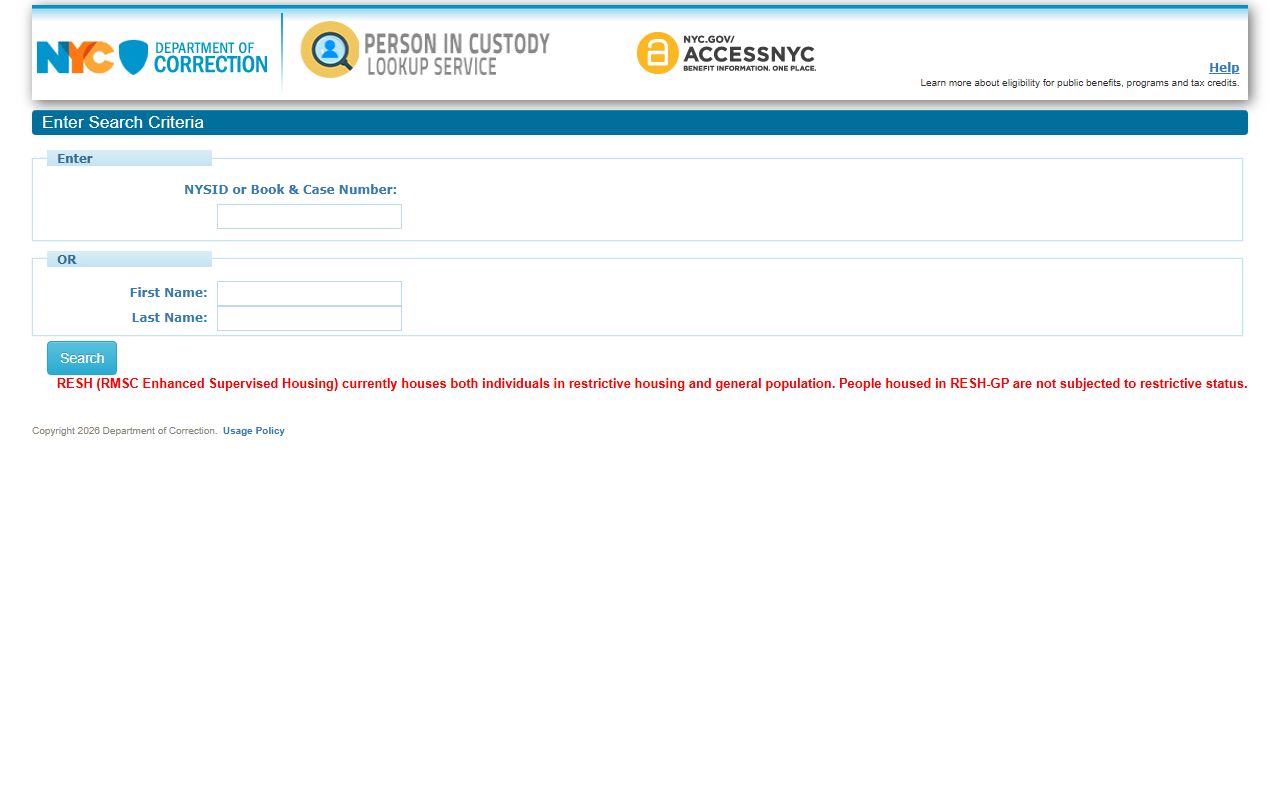 NYC Department of Correction inmate lookup tool for felony records