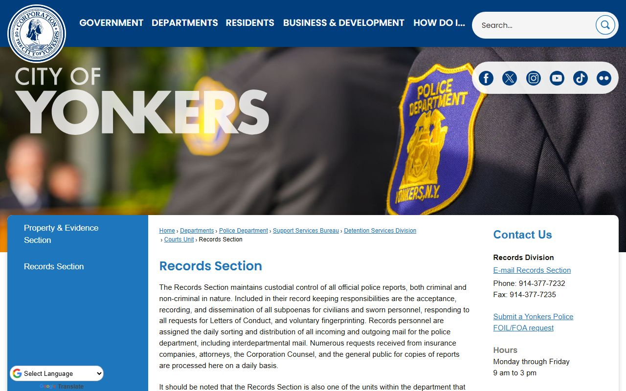 Yonkers Police Department Records Section page for felony records
