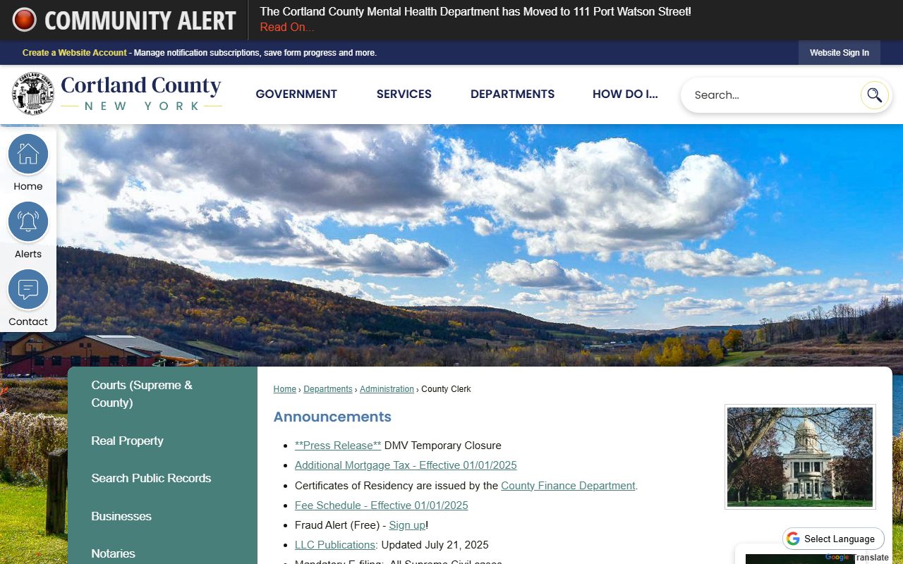 Cortland County Clerk's Office website showing public records access information