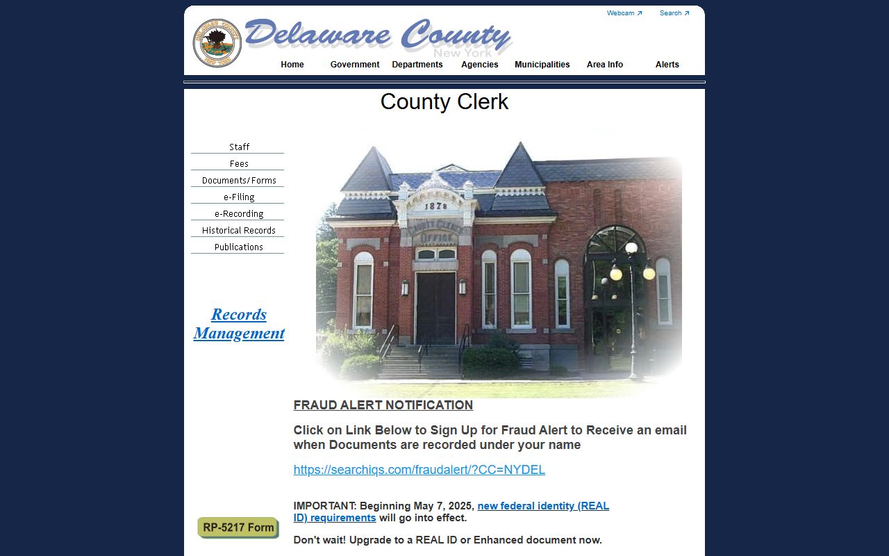 Delaware County Clerk's Office website showing records access and IQS search system