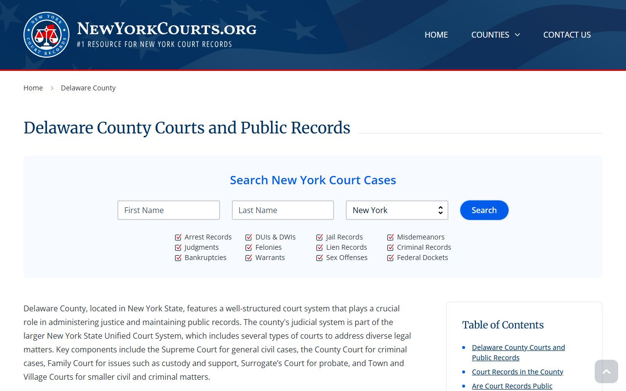 Delaware County Court information page from New York Courts website