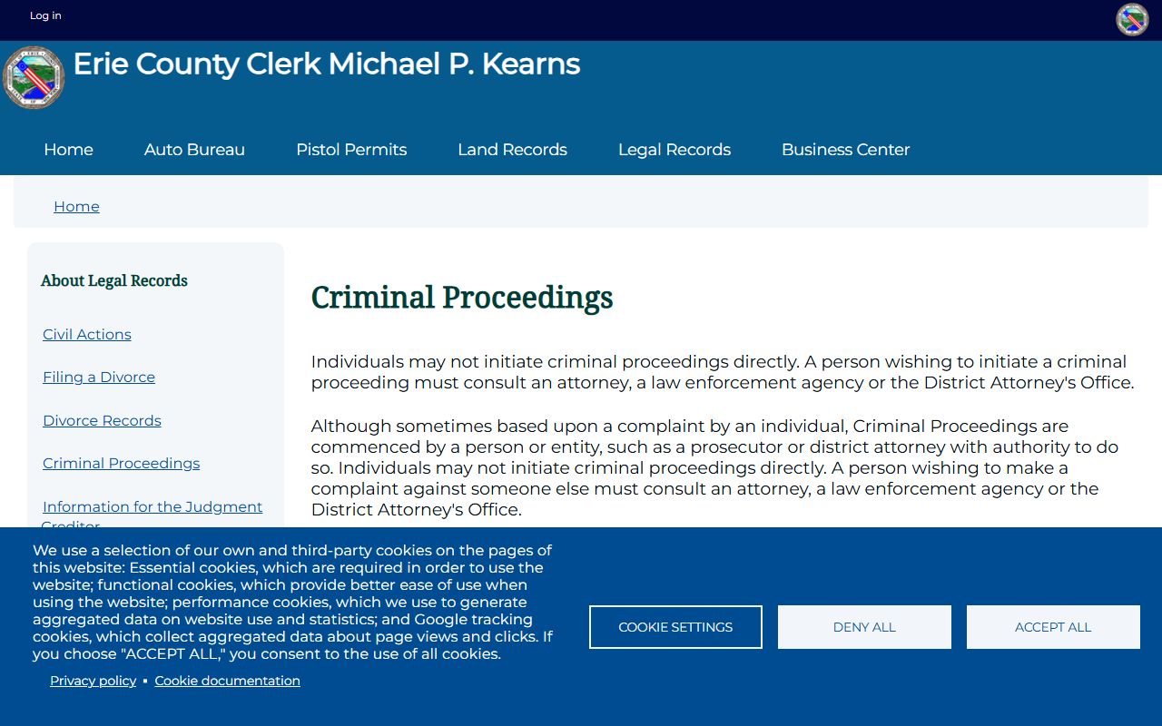 Erie County Clerk criminal proceedings page for felony record searches
