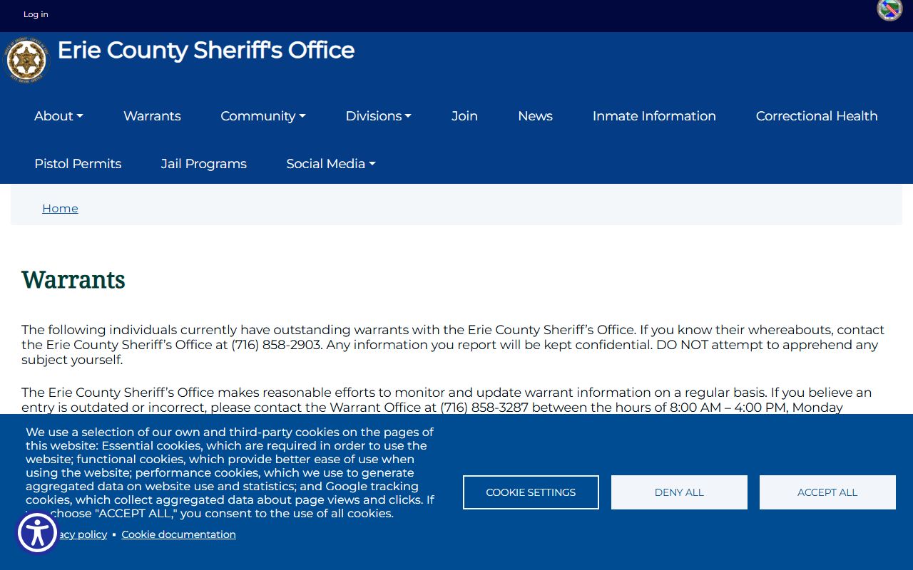 Erie County Sheriff warrants page for Cheektowaga felony cases