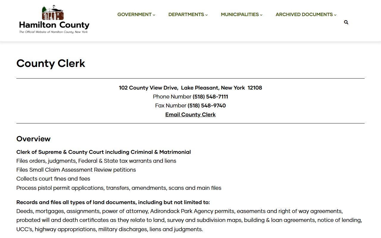 Hamilton County Clerk website at Lake Pleasant for court records