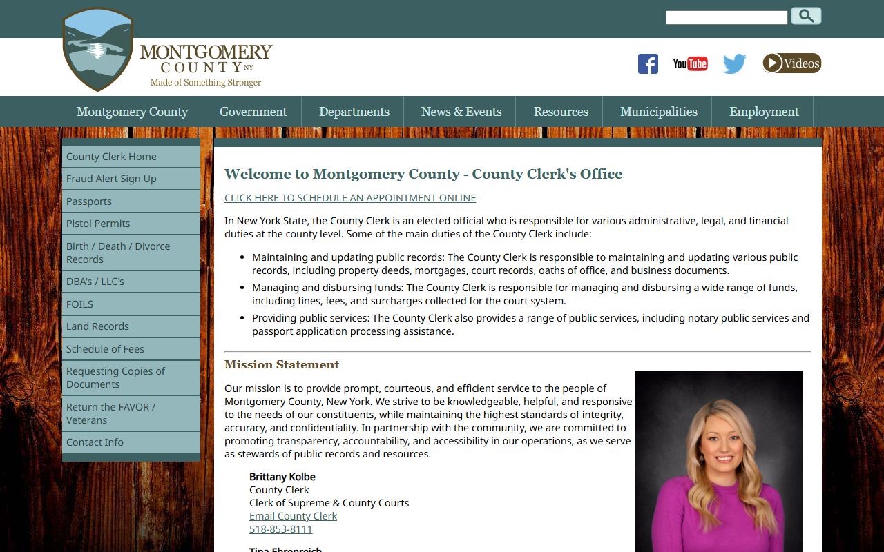 Montgomery County Clerk website showing online records search and court filing services