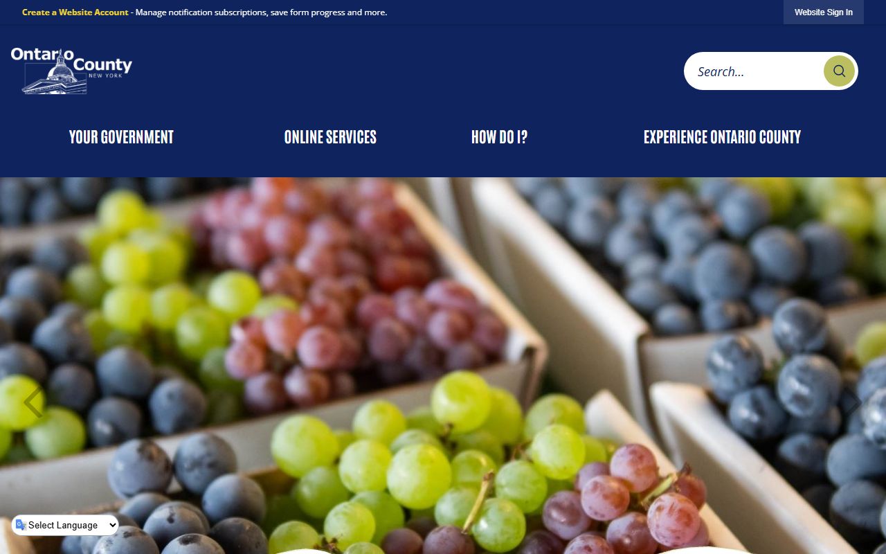 Ontario County government homepage showing county services and departments