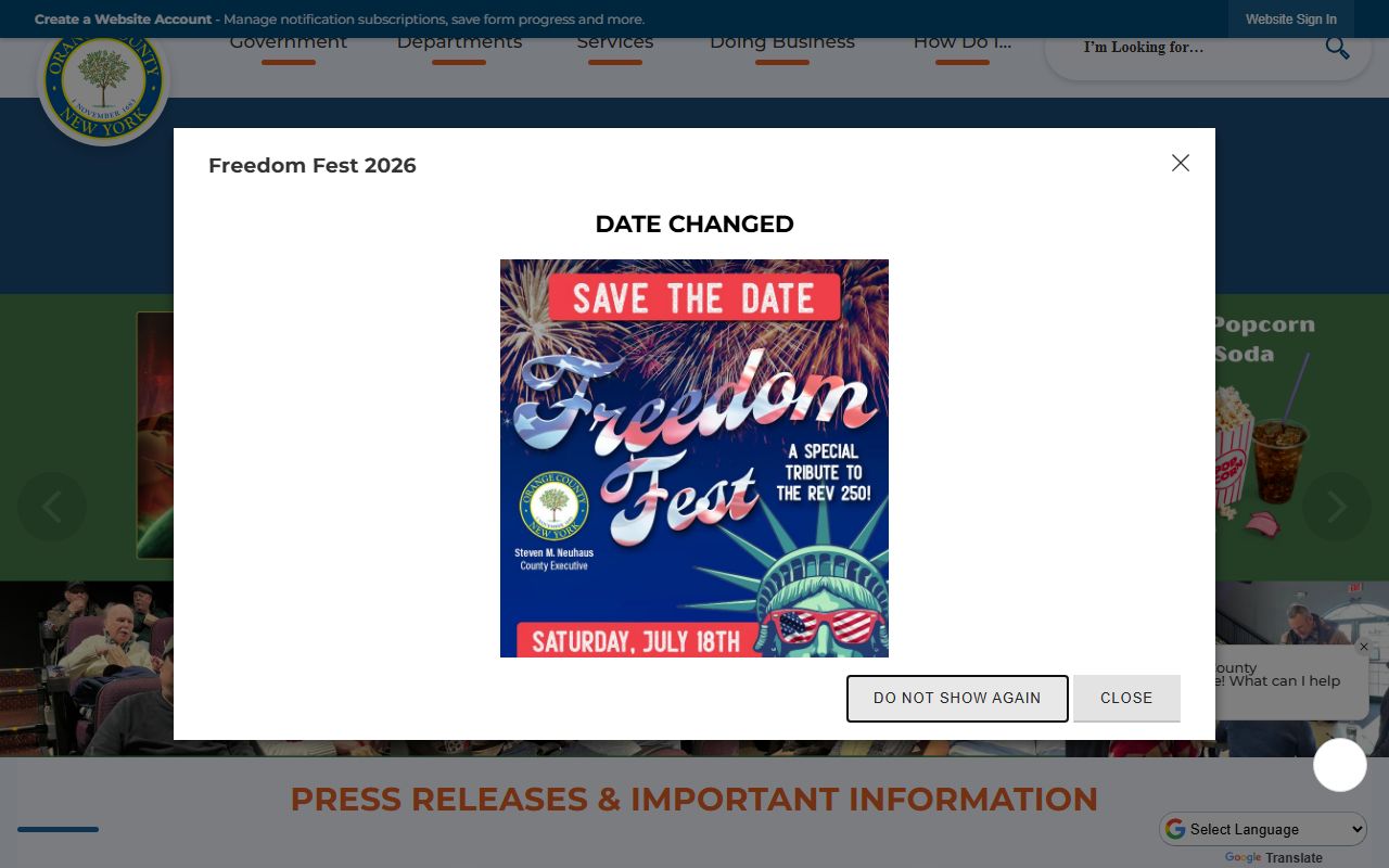 Orange County government homepage showing county departments and services