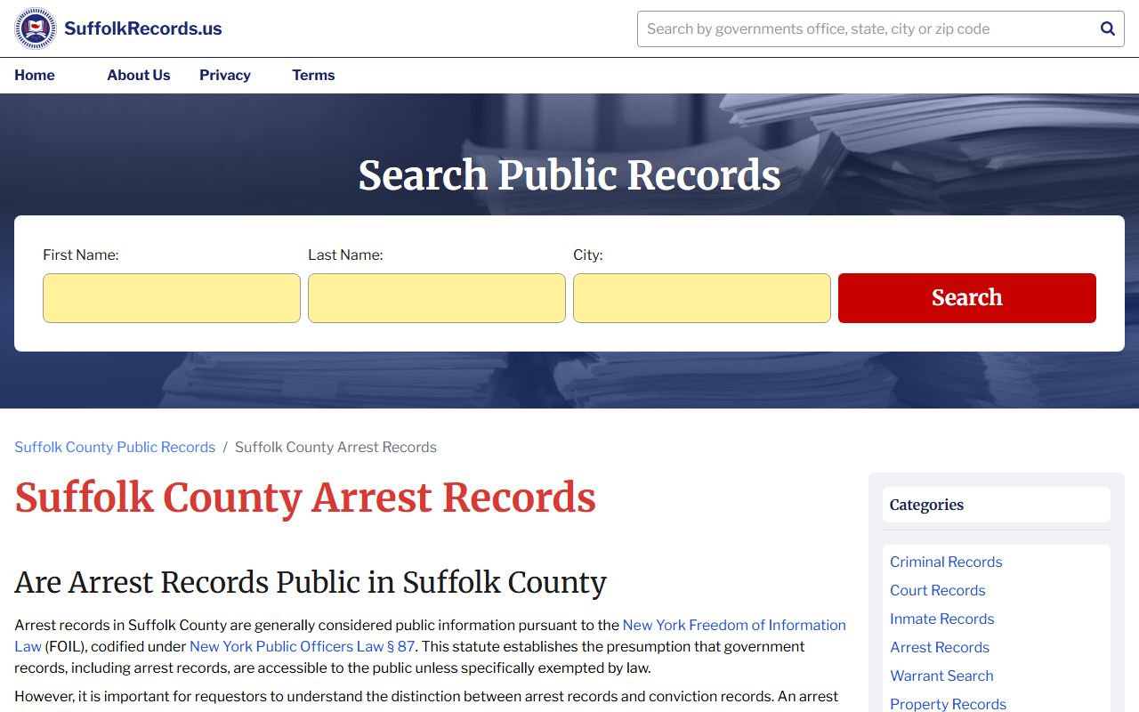 Suffolk County arrest records information page showing FOIL request procedures