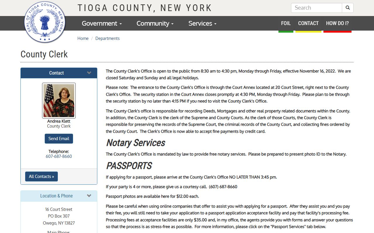 Tioga County Clerk's Office website showing court records and services information