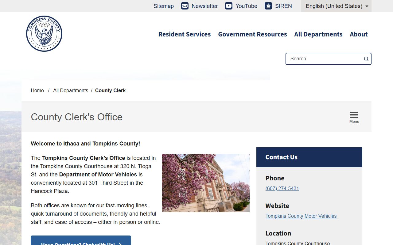 Tompkins County Clerk's Office website showing digital records access and court services