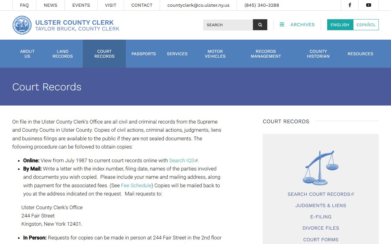 Ulster County Clerk's Office court records page showing search options and fees