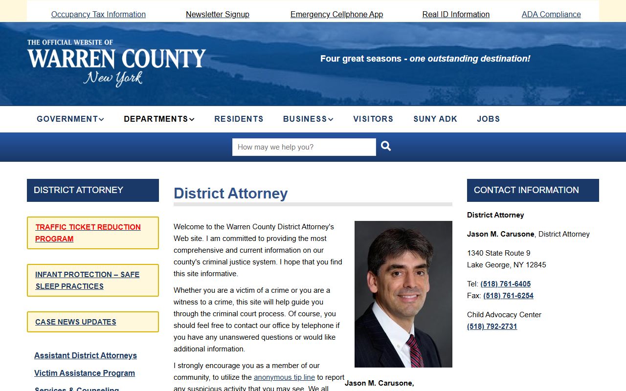 Warren County District Attorney's Office page showing victim services and contact information