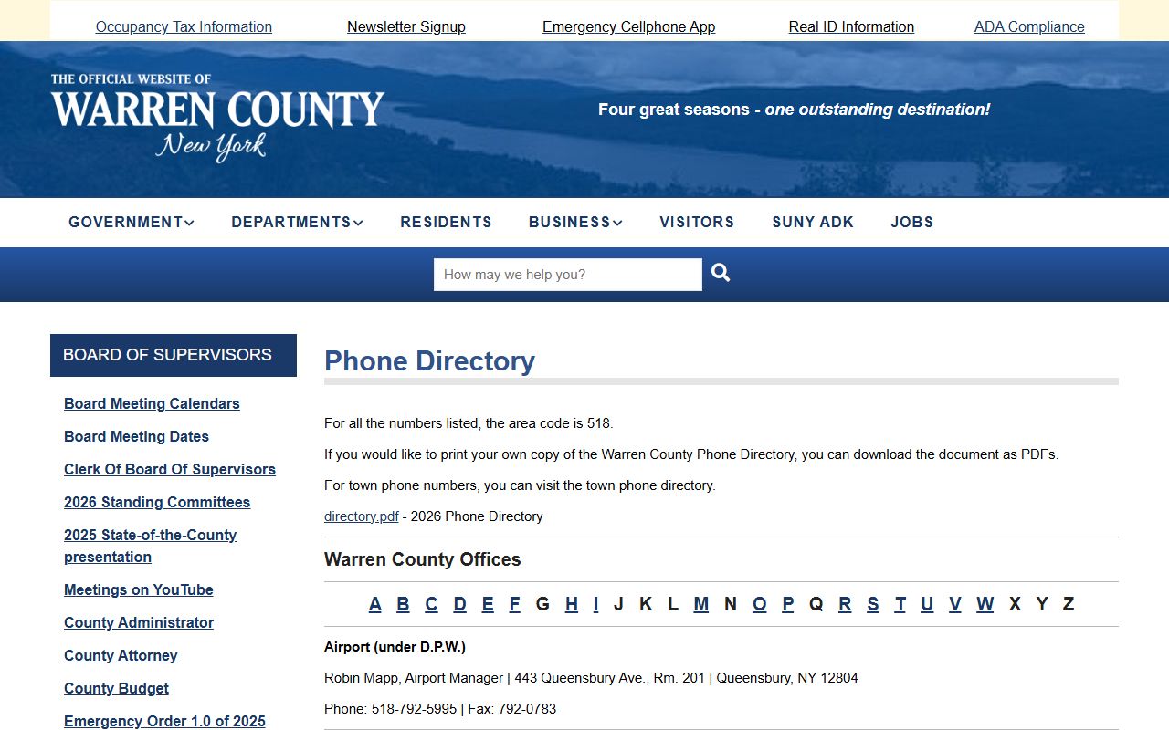 Warren County government directory showing department contact numbers and services