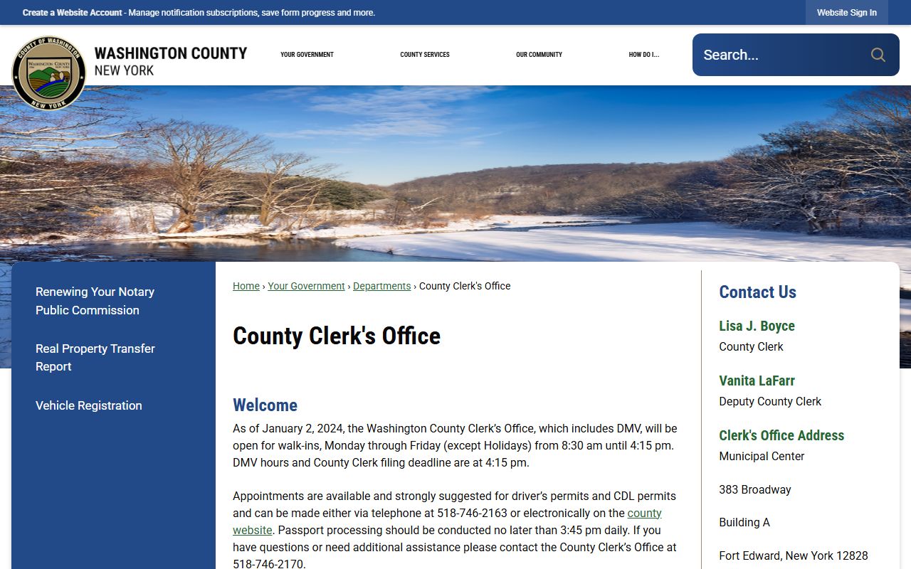 Washington County Clerk's Office website showing public records and services