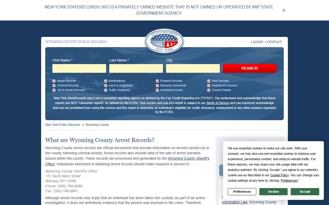 Wyoming County records search page showing county criminal records access