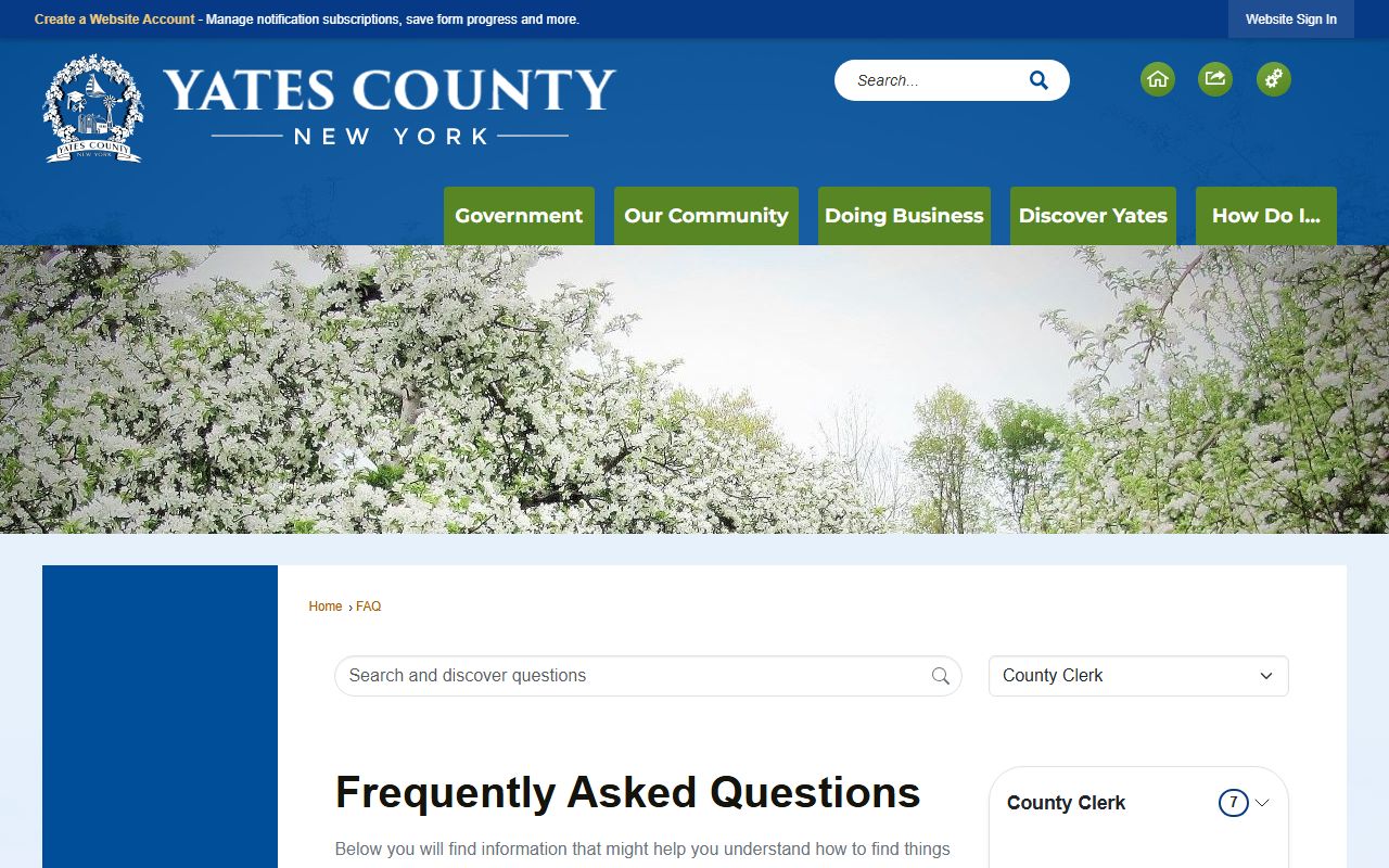 Yates County Clerk frequently asked questions page showing records access information