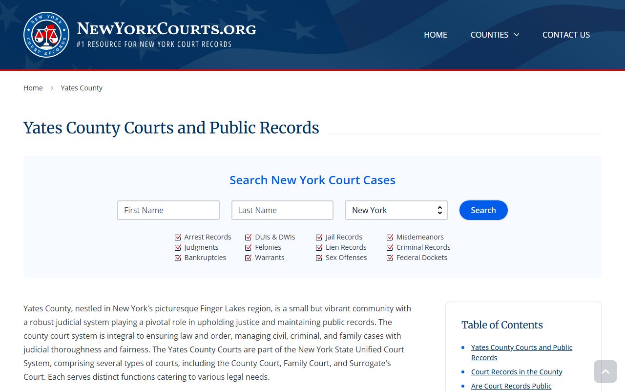 Yates County Court information page showing court contacts and services