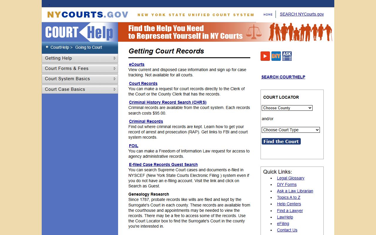 New York State court records information page showing how to access public records