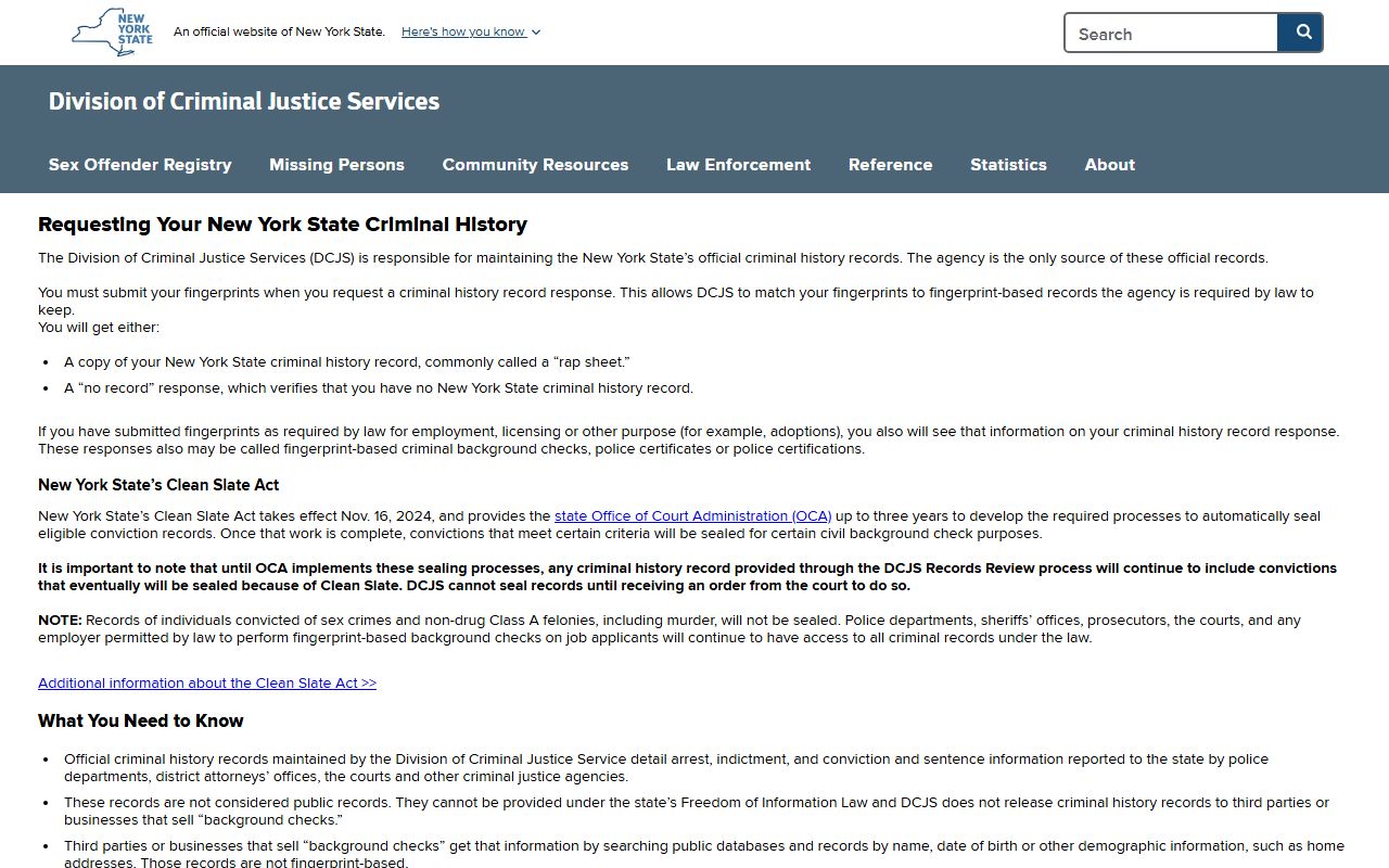 DCJS Record Review portal for New York criminal history records
