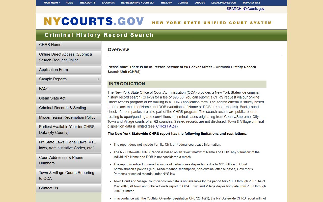 New York OCA Criminal History Record Search portal for statewide felony records