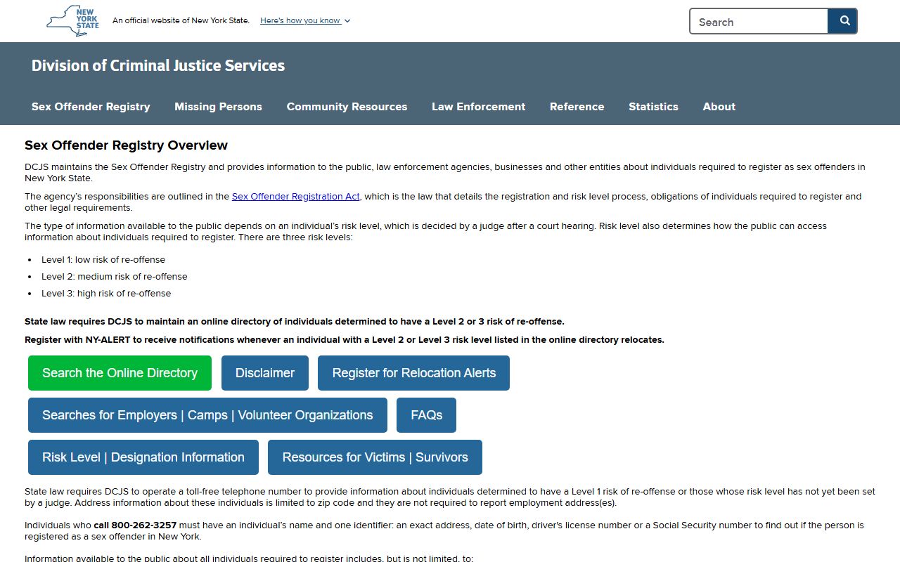 New York Sex Offender Registry search maintained by DCJS