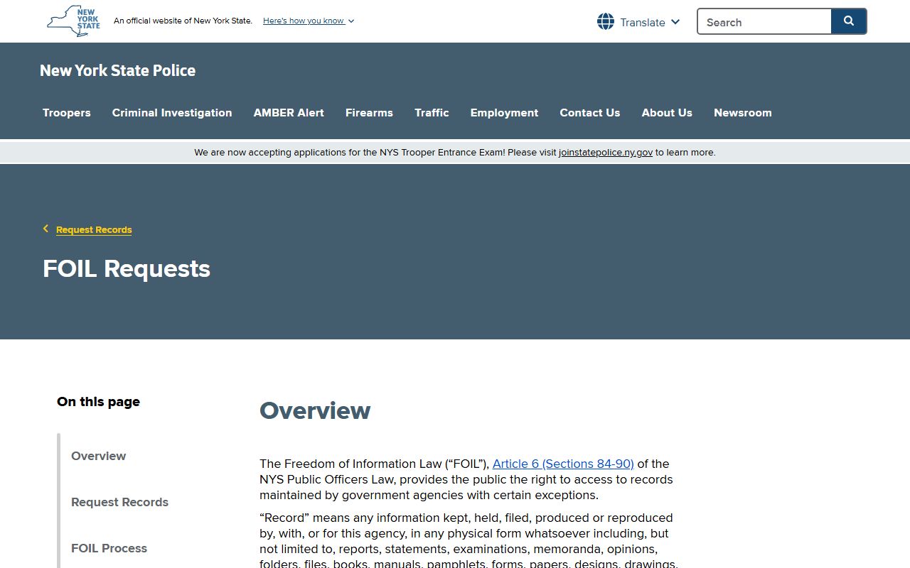 New York State Police FOIL request portal for felony records